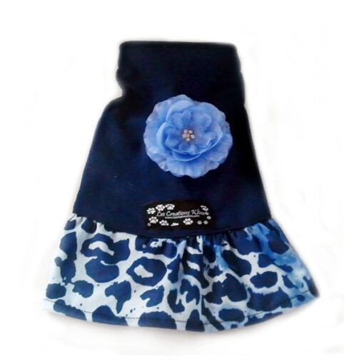 Robes pour chiens bleu marin avec imprimé animal, sans manches avec une fleur bleue. Matériel extensible.